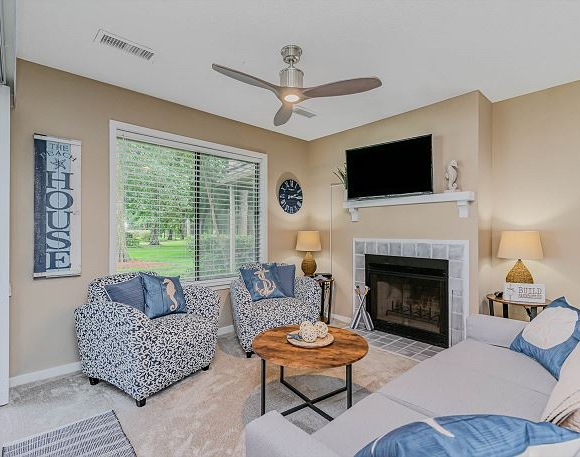 Villa living area with fireplace