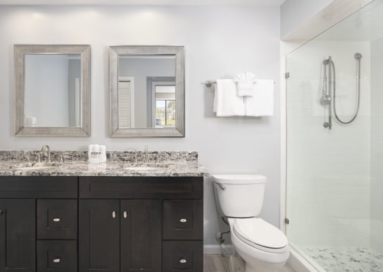 Windsor Court bathroom with a walk-in shower and double sink