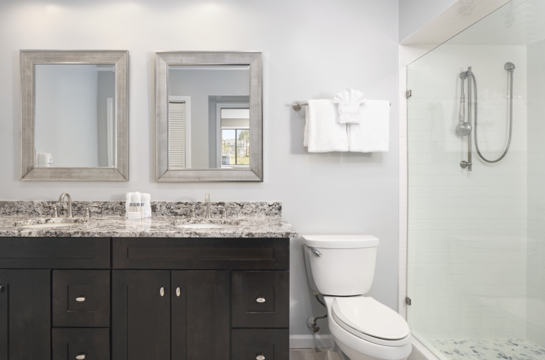 Windsor Court bathroom with a walk-in shower and double sink