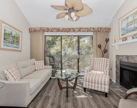 Villa living area with fireplace