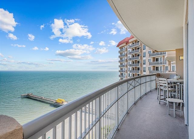 Condo balcony with pier and ocean views