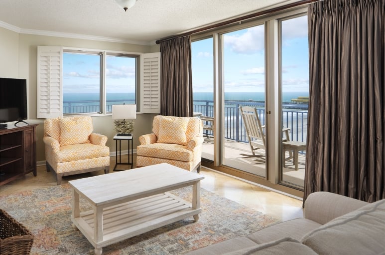 Brighton tower ocean view living room with balcony access