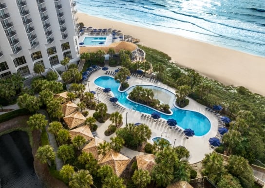 Aeriel of the sand bottom pool at Hilton