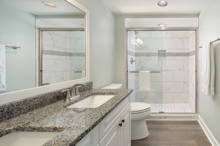 South Hampton double sink bathroom with stand-up shower