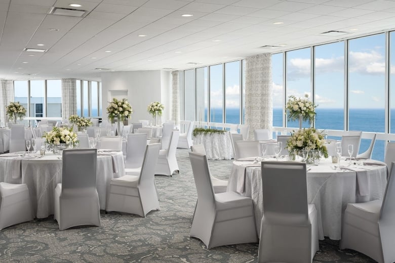 Dunes Ballroom wedding setup in rounds with ocean views