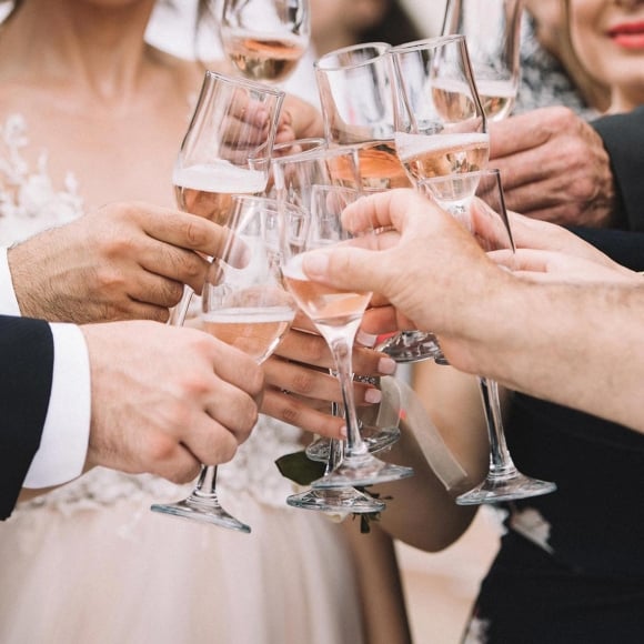 Wedding party cheering champagne together