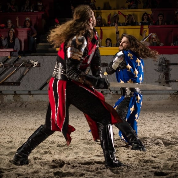 Two people in a sword fight.