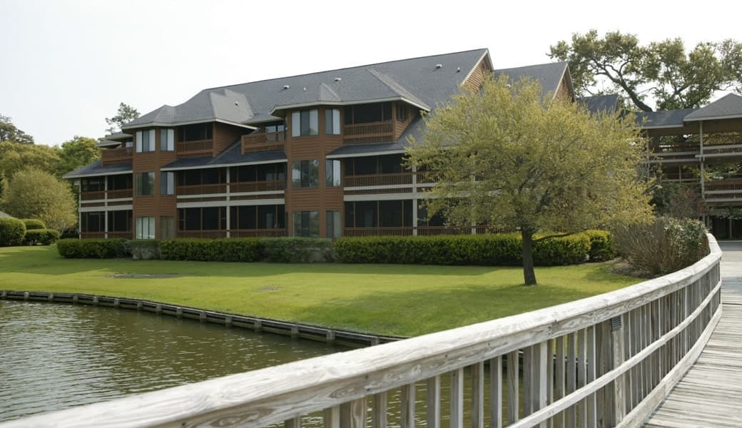 Arrowhead exterior from the bridge over the pond