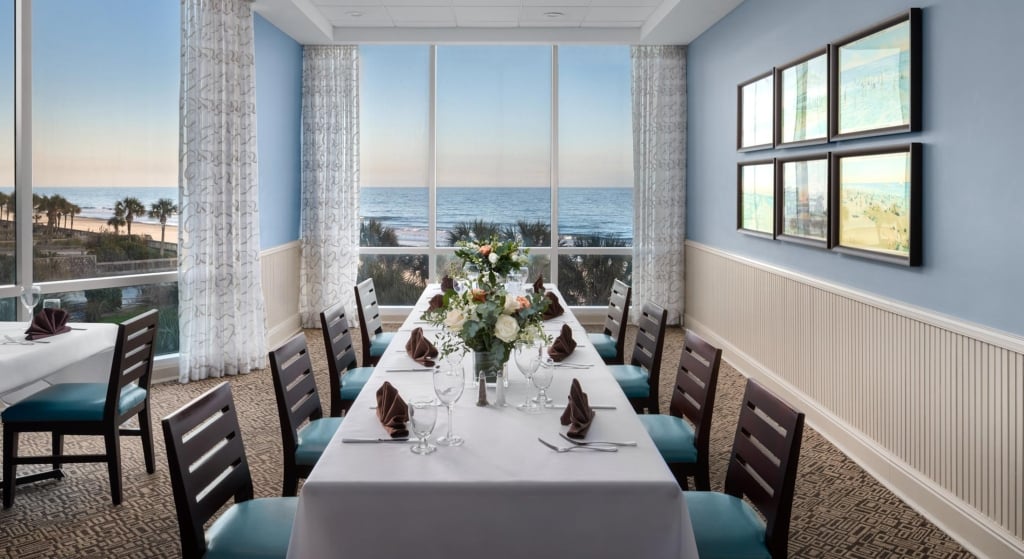 Cafe Amalfi private dining room long table set up with ocean views