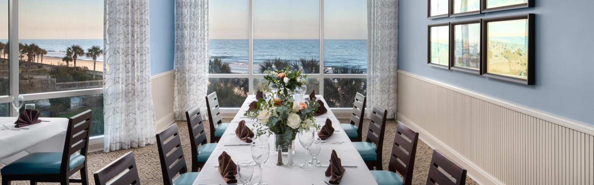 Cafe Amalfi private dining room long table set up with ocean views