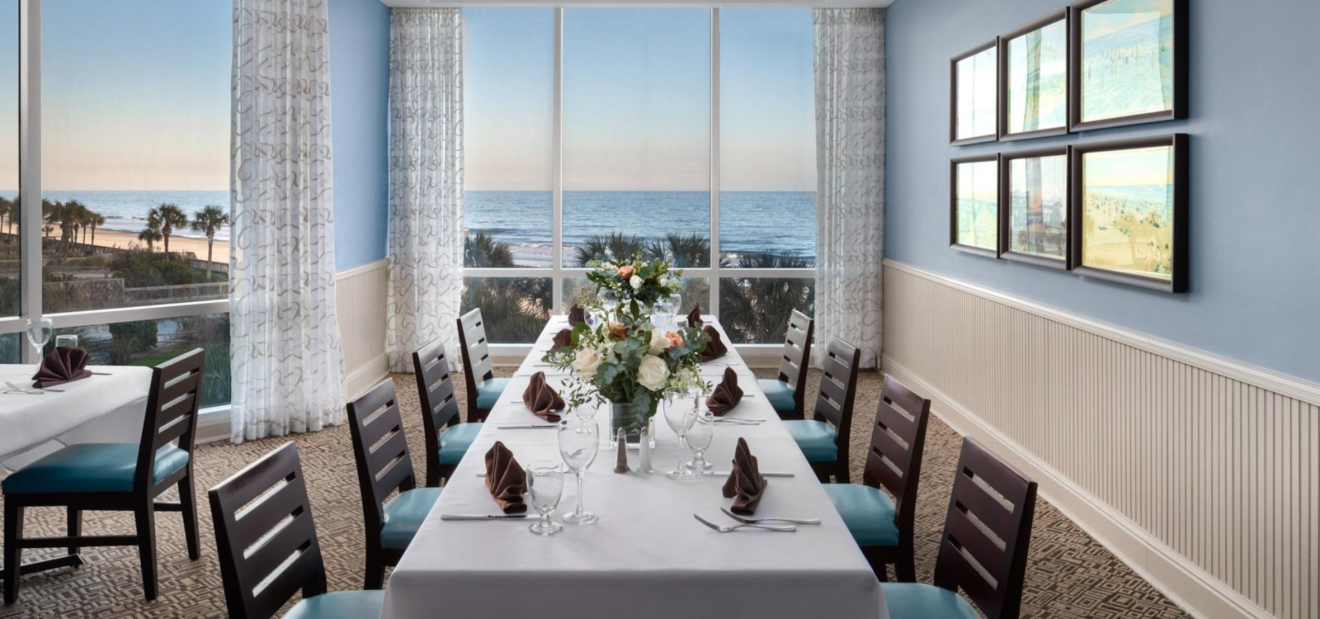 Cafe Amalfi private dining room long table set up with ocean views