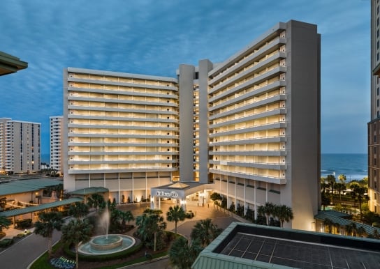 Hilton front entrance exterior at night