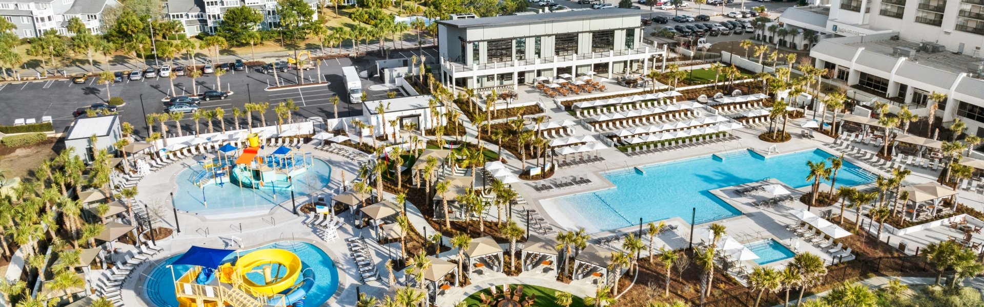 Currents Seaside Entertainment drone view facing Black Drum Brewing and Kingston Resorts