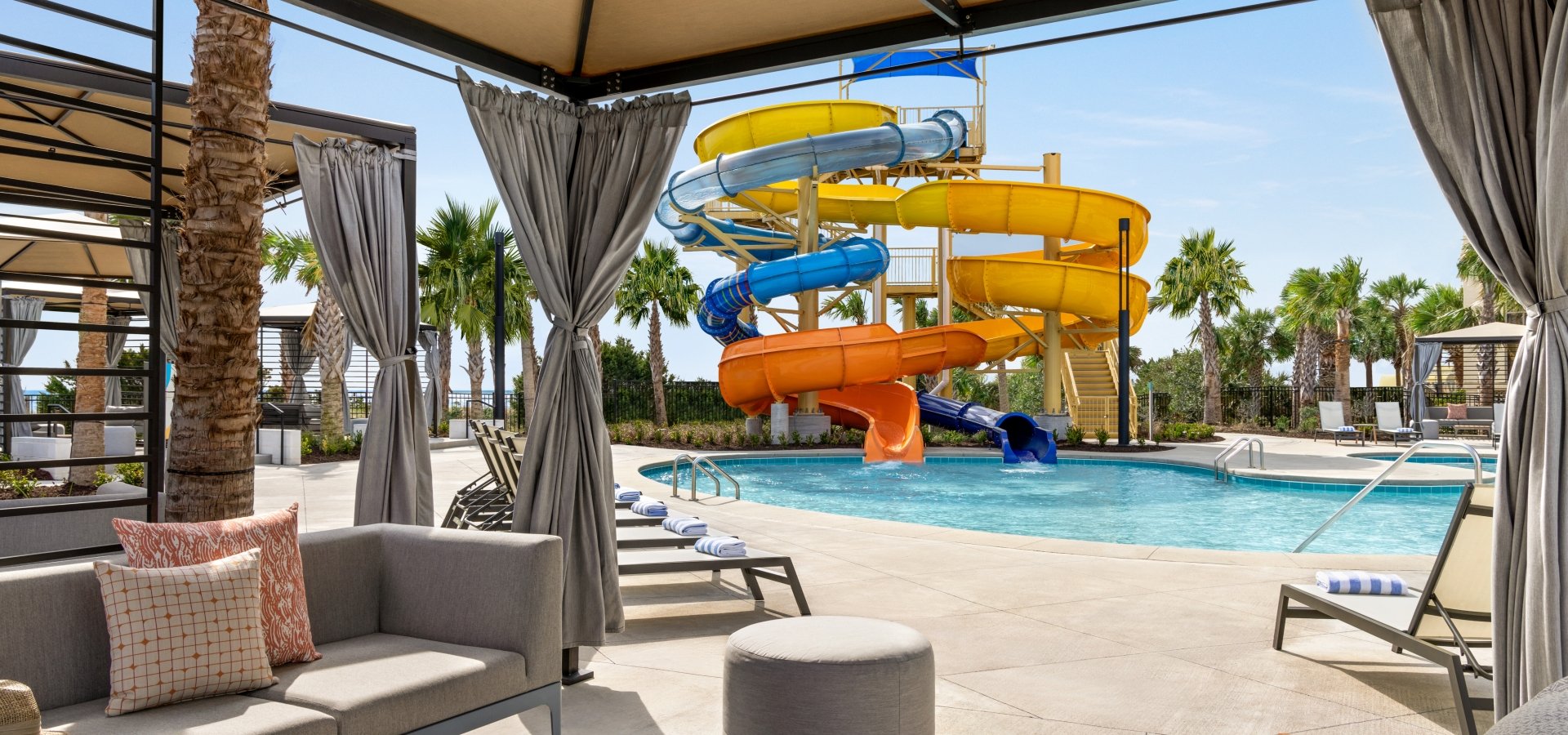 Currents Seaside Entertainment Cabanas by the waterslides