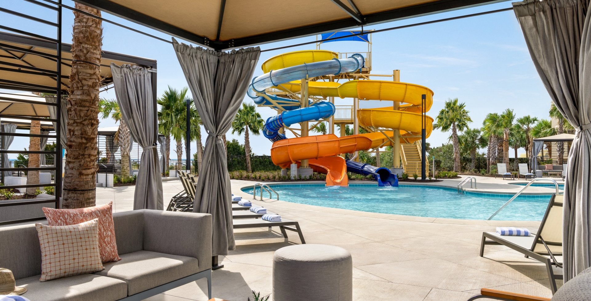 Currents Seaside Entertainment Cabanas by the waterslides