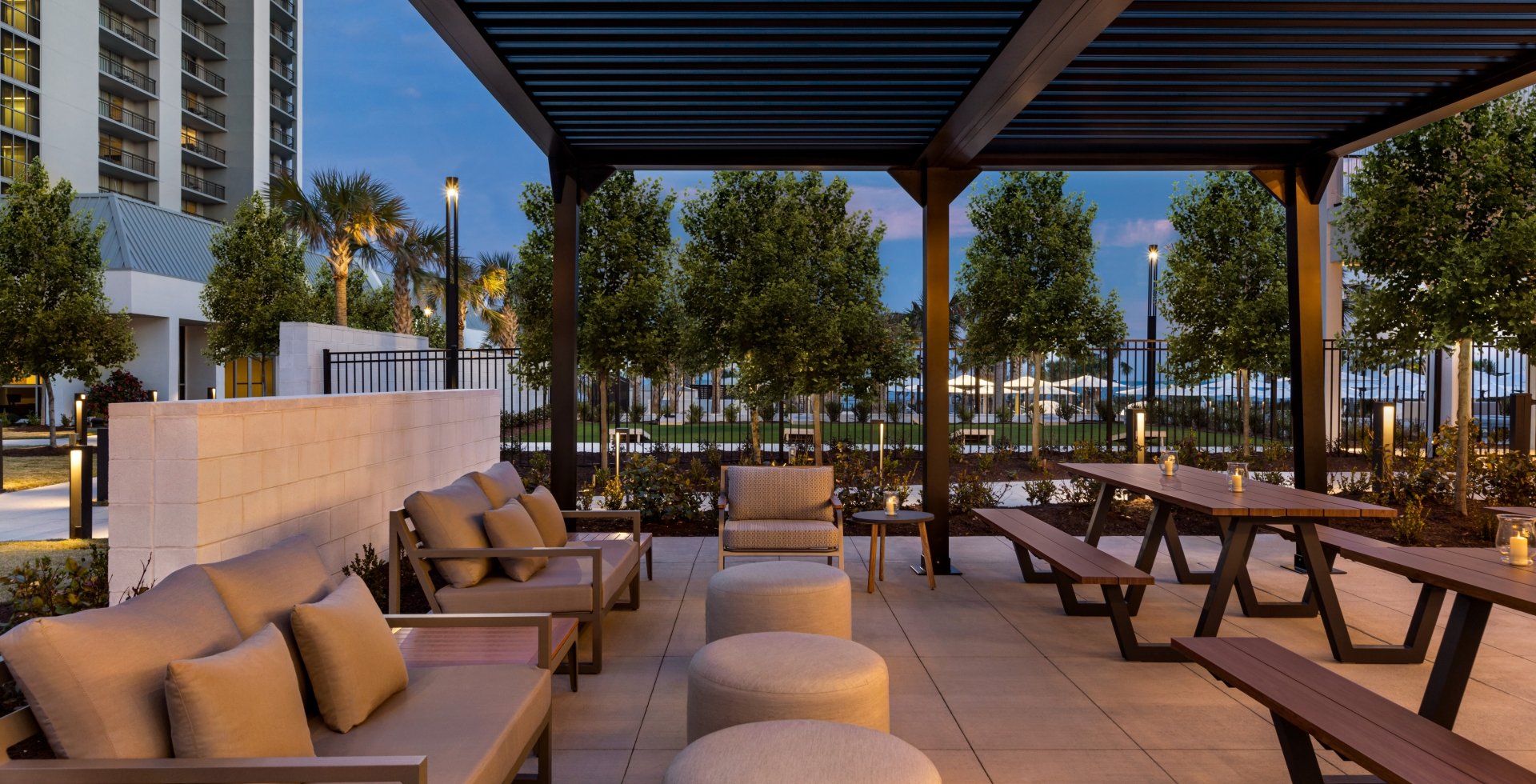 Black Drum Brewing beer garden soft seating under the pergola