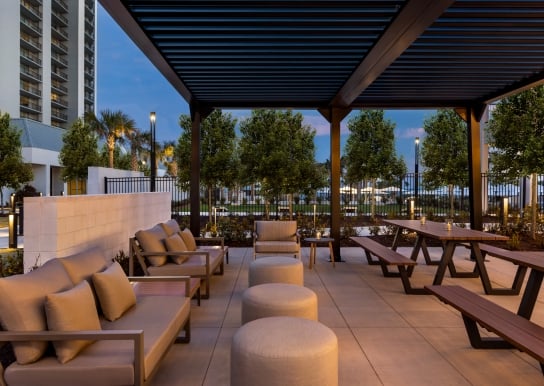 Black Drum Brewing beer garden soft seating under the pergola