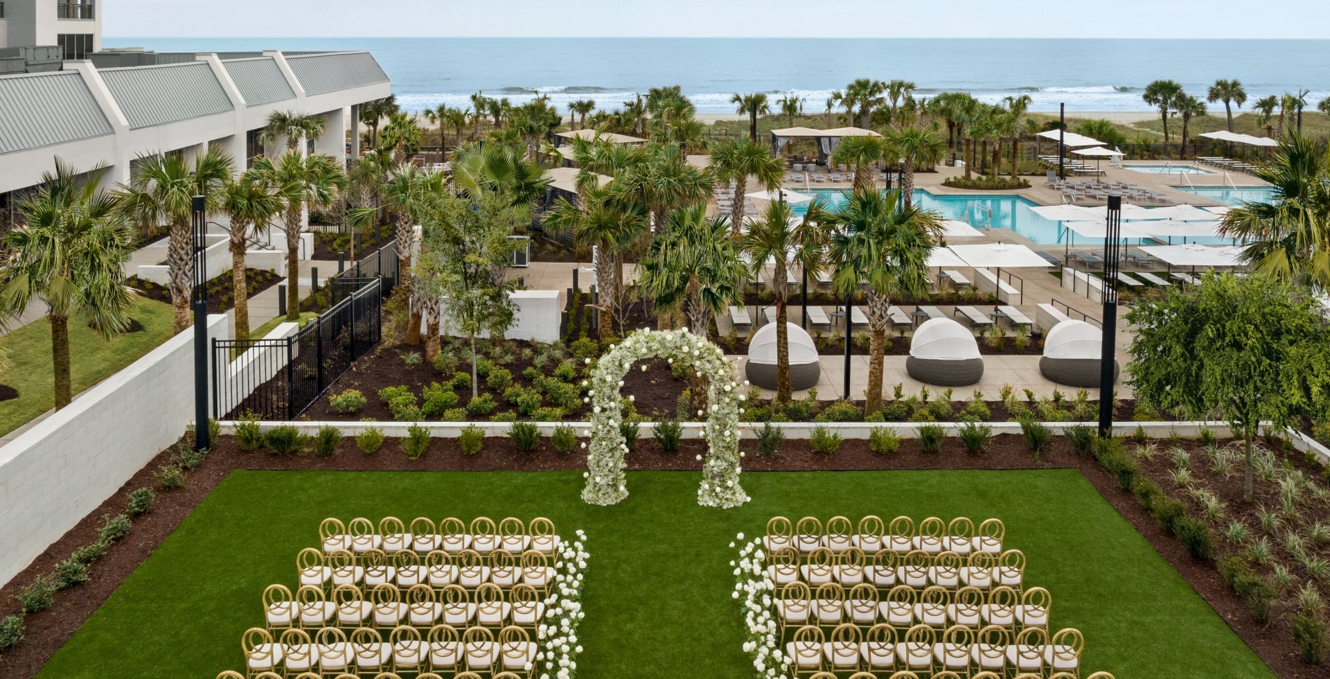 Currents Seaside Entertainment event lawn set up for a wedding ceremony