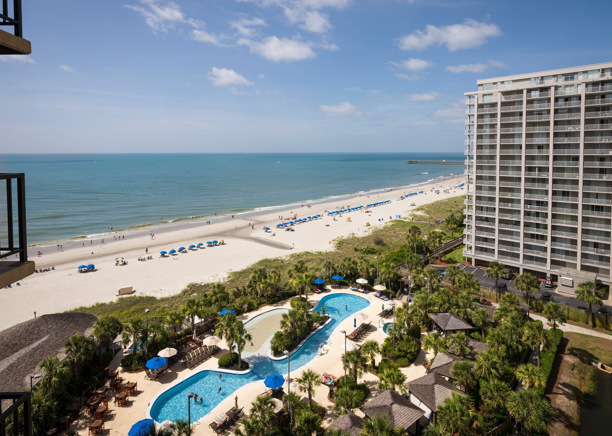 view of the ocean and sand bottom pool from a Hilton balcony