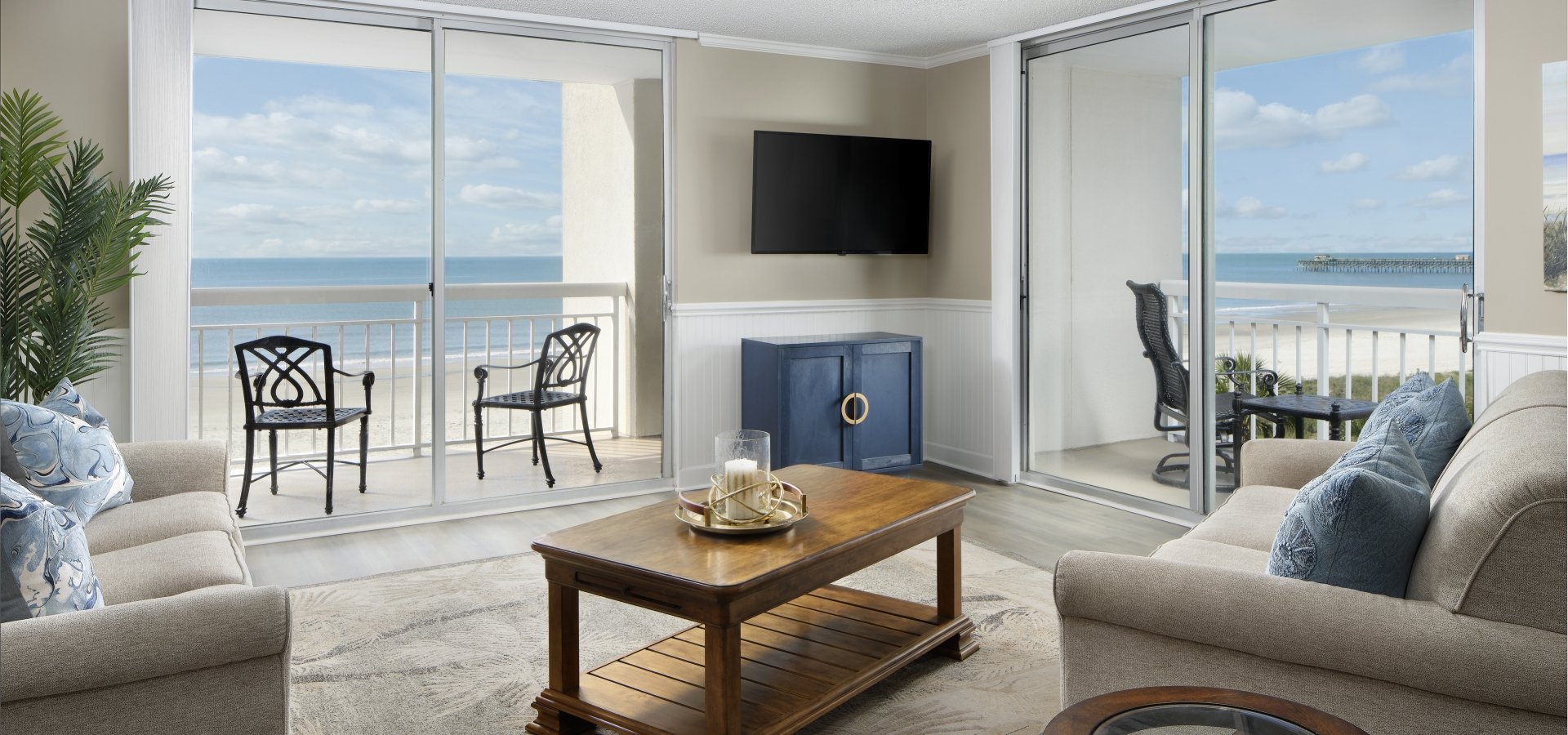 South Hampton condo living room with double balconies