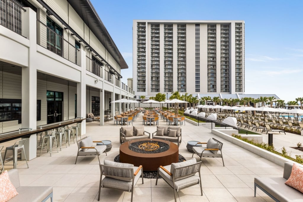 Black Drum Brewing terrace with firepit at Kingston Resorts