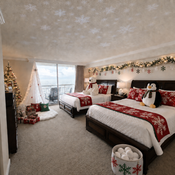 Two dark wood beds with red snowflake bedding and large plush penguin and bear in a Christmas-decorated hotel room by the sea.
