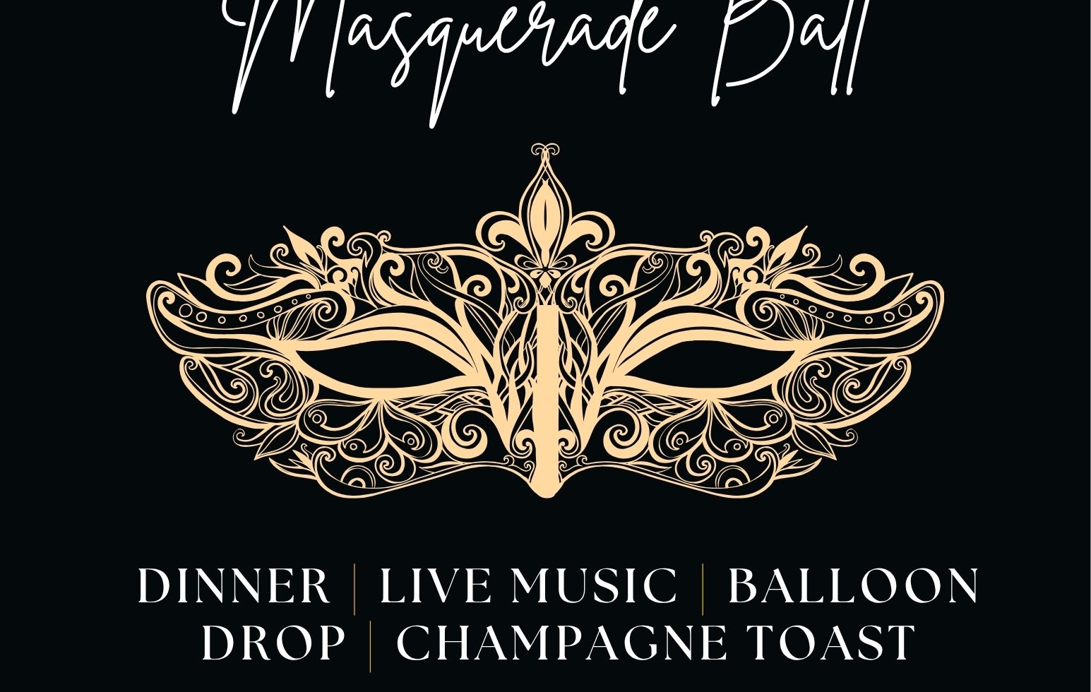 Promotional poster for Kingston Resorts' New Year’s Eve Masquerade Ball with a gold decorative mask and event details.
