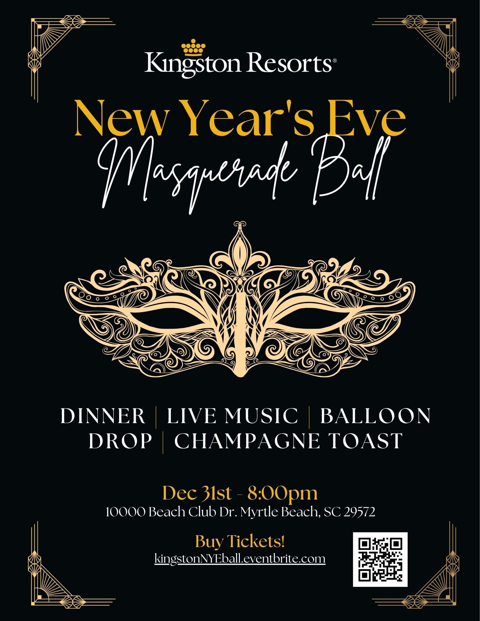 Promotional poster for Kingston Resorts' New Year’s Eve Masquerade Ball with a gold decorative mask and event details.