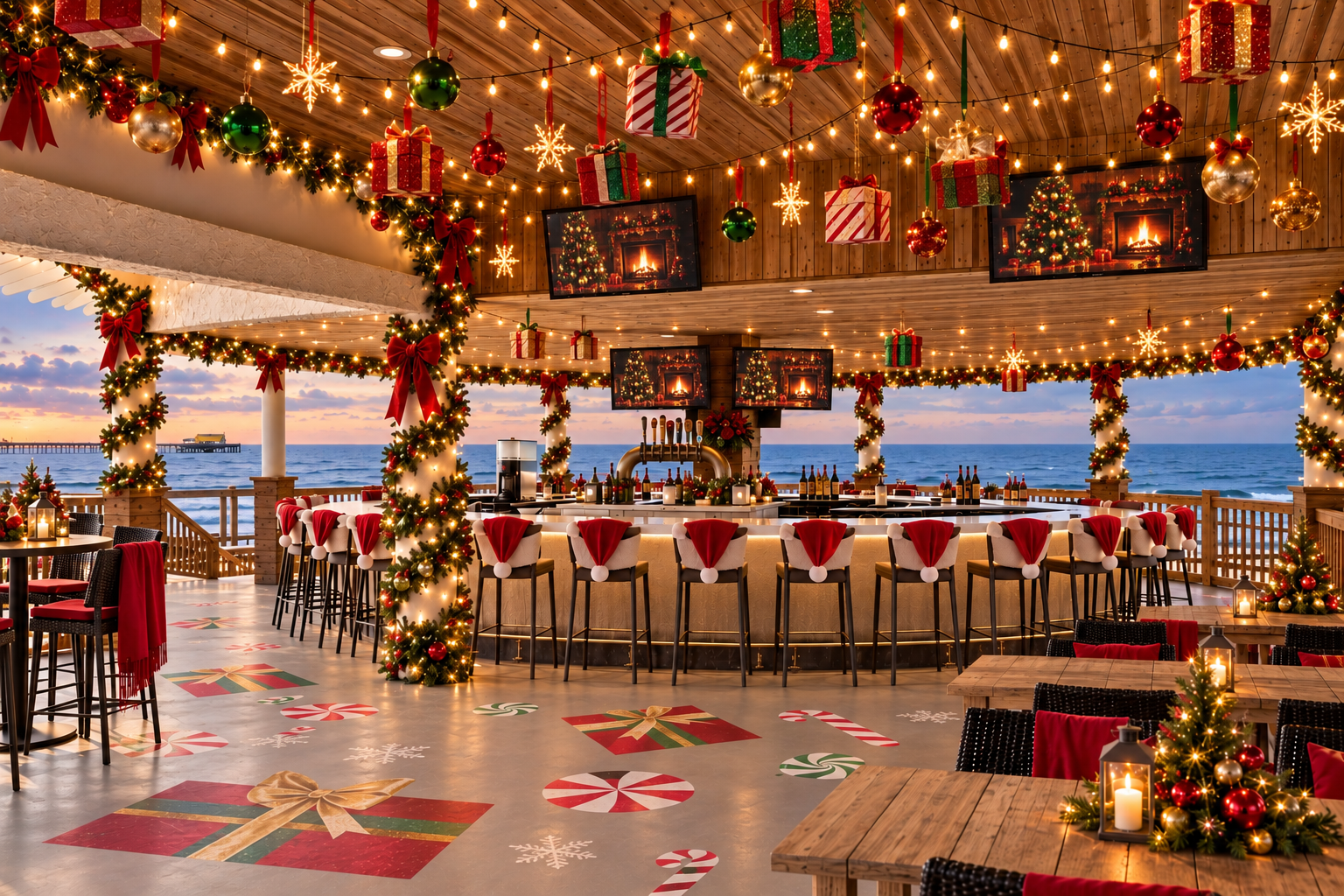 Festive seaside bar decorated with Christmas lights, garlands, gift boxes, and candy cane floor decals, overlooking the ocean at sunset.